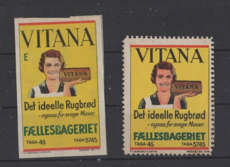 Denmark- Pair of Vitana Bread Advertising Vignette Stamps- NG