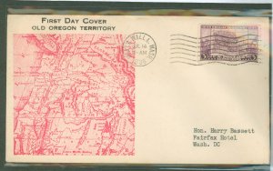 US 783 1936 Oregon Territory 100th anniv on an addressed (typed) FDC with a Walla Walla, WA cancel and a cachet by an unknown pu