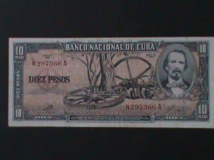 ​CUBA-1960-NATIONAL BANK OF CUBA-$10 PESO-UNC-VF-64-YEARS OLD-RARE-LAST ONE