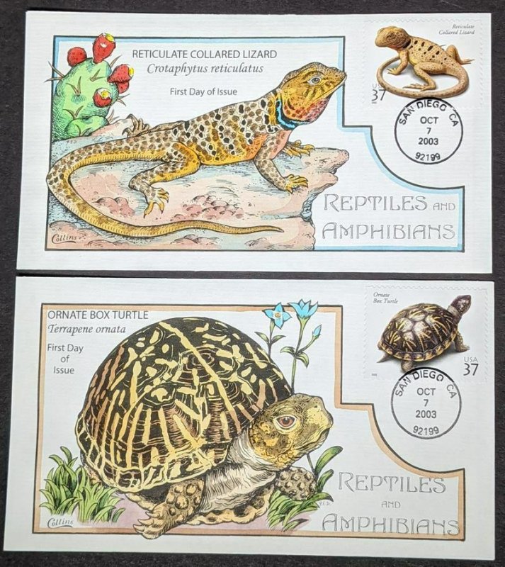 EDW1949SELL : USA 2003 Scott #3814-19 Cplt set Reptiles Collins Hand Painted FDC