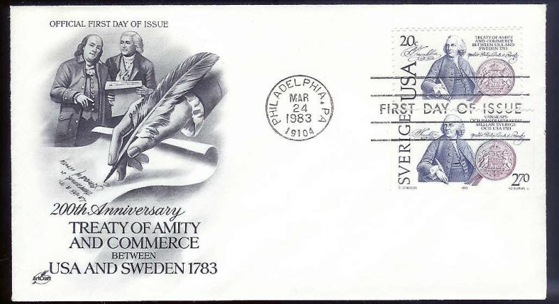 UNITED STATES FDC 20¢ Treaty of Sweden COMBO 1983 Artcraft