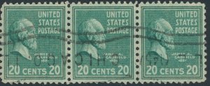 US 825 20 cent Presidential Issue; Used strip of 3 -- See details and scan