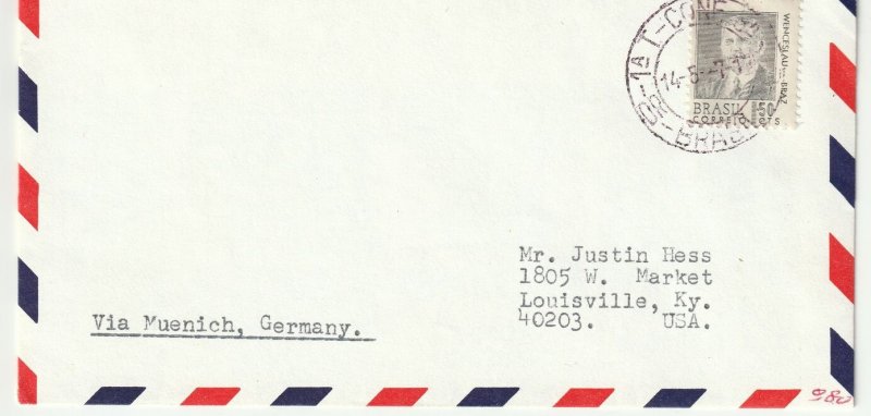 1971 COMMERCIAL COVER FROM BRAZIL ADDRESSED TO KENTUCKY USA DIRECTED VIA GERMANY