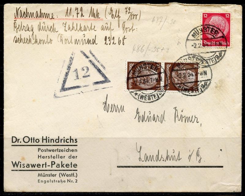 GERMANY MILITARY COVER FROM MUNSTER  2.2.34 HINDENBURG FRANKING