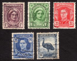 1943, Australia, Used set, Sc 191, 192, 194, 195, 196