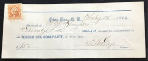 US Used #R15c Revenue Single On Union Oil Check 2/25/1865 L23