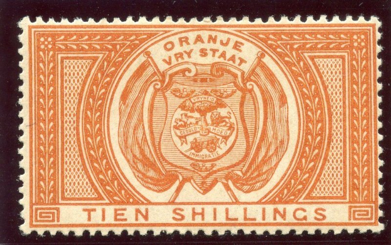 Orange Free State 1882 QV Fiscal Stamp 10s orange MLH. SG F12.