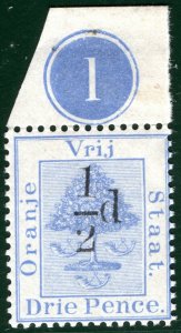 South Africa OFS QV Stamp ½d/3d Surcharge PLATE 1 CONTROL Marginal Mint BRBLUE47