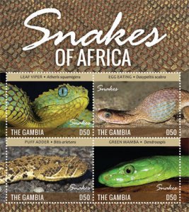 Gambia 2015 - Snakes of Africa - Sheet of 4 stamps - Scott #3628 - MNH