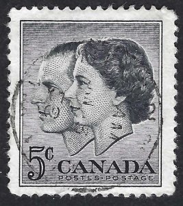 Canada #374 5¢ Royal Visit - Queen Elizabeth II & Prince Philip (1957). Used.