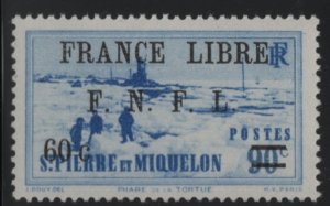 St Pierre et Miquelon 1942 MNH Sc 251 60c on 90c Dog sled team F.N.F.L. O/P