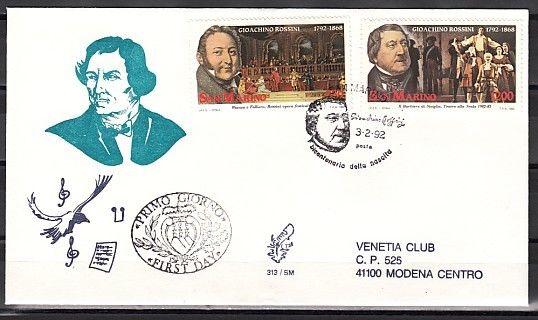 San Marino, Scott cat. 1247-1248. Composer G. Rosinni issue. First day cover. ^