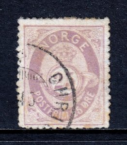 NORWAY — SCOTT 28 — 1877 25o LILAC POST HORN — USED — SCV $150