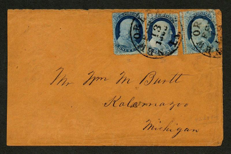 US Scott #23 x 2 & 24 Tied by New Orleans CDS Feb 13, 1860 H/S on Back 