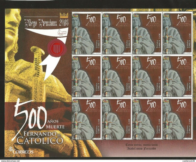 E)2016 SPAIN, 500 YEARS OF DEATH, KING FERNANDO EL CATOLICO, SOUVENIR SHEET OF 