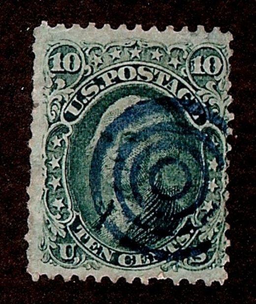 US Scott 68 10c Yellow Green USED Fine NH Perf 12 Blue Bullseye Cxl 1861 SCV $60