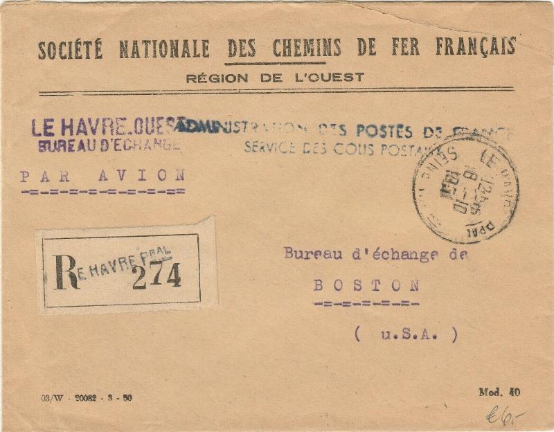 FRANCE - 1951 - LSC Officielle recommandée pour Boston (service Colis-Postaux) 