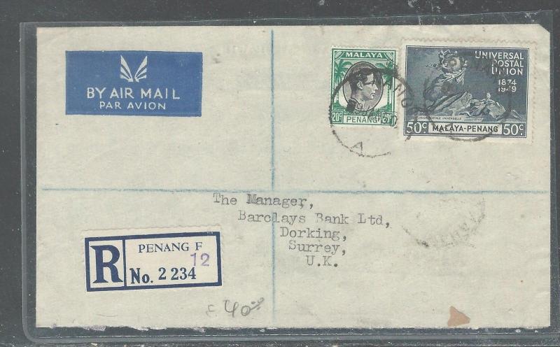 MALAYA PENANG (PP2508B) KGVI 20C +UPU 50C REG A/M BANK COVER TO ENGLAND