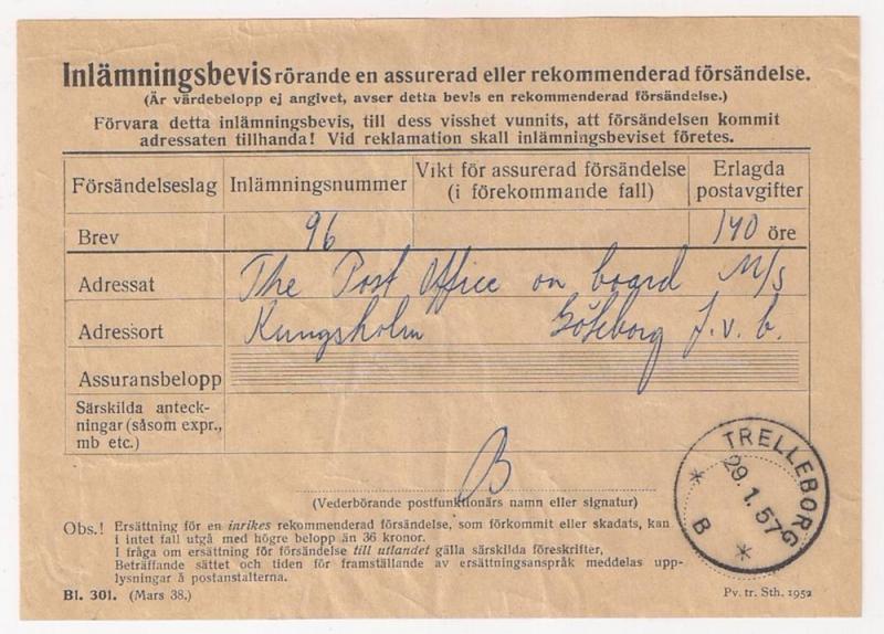 SWEDEN: Receipt for Carriage on MS Kungsholm Trelleborg 1957