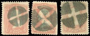 Scott #65, LOT/3 Different Bold CROSSROADS / SEGMENTED CIRCLES Fancy Cancels!