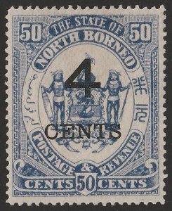 NORTH BORNEO 1899 Large '4 CENTS' on Arms 50c chalky-blue.