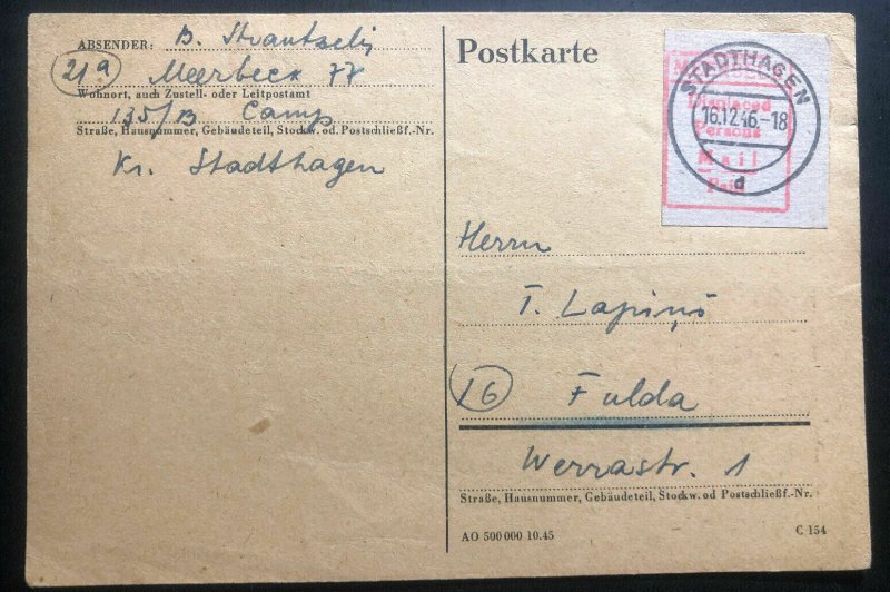 1946 Meerbeck Stadthagen Germany Displaced Person DP Camp PC Cover to Fulda B