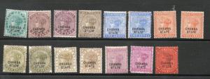  INDIA - CHAMBA STATE 1887 VICTORIA SG1-16 TO 12a INC SHADES mm cv 10000rs