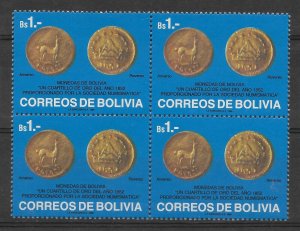 BOLIVIA 1989 ANTIQUE BOLIVIAN GOLDEN COINS BLOCK OF 4 VALUES MNH SC 788 MI 1095