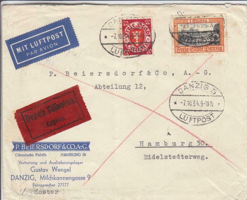 1934, Danzig to Hamburg, Germany, Express, Airmail, See Remark (30389)