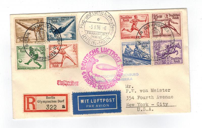 1936 Germany Hindenburg LZ 129 Zeppelin Olympics Cover to USA comp set # B82-B89