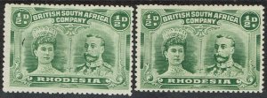 RHODESIA 1910 KGV DOUBLE HEAD 1/2D 2 SHADES PERF 14