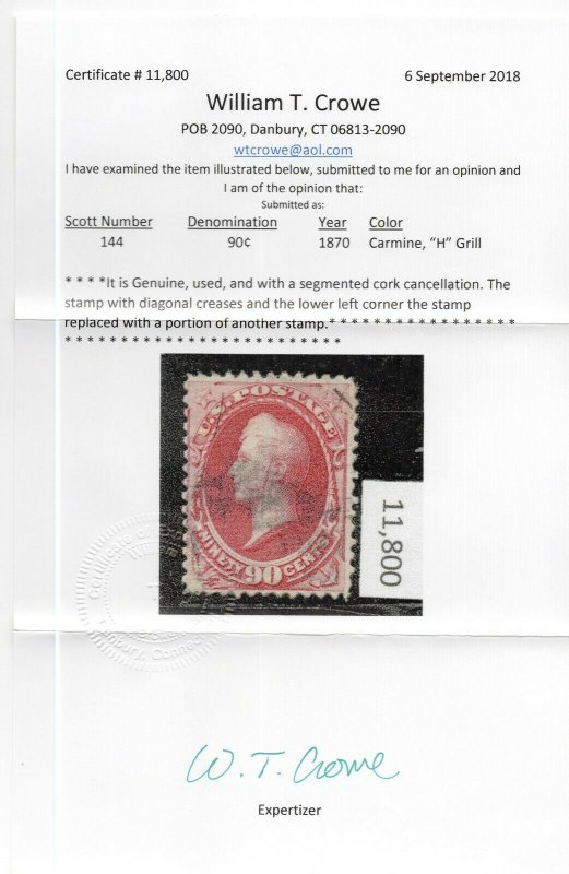 Scott #144 Used w/Cert. Faulty but Attractive - See Cert SCV. $2250 (Ross 4/18) 