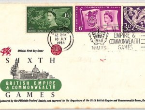 GB QEII 1958 FDC *COMMONWEALTH GAMES* SLOGAN Wales Cardiff First Day Cover YB152