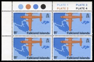 Falkland Is 1989 QEII 11p Plate block WMK CROWN TO LEFT OF 'CA' mnh. SG 361w.