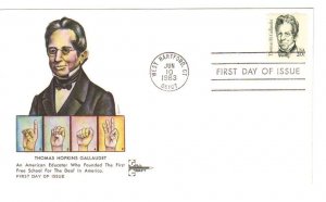 US 1861 20c Great Americans Thomas Gallaudet on FDC Gill Craft Cachet ECV $12.50