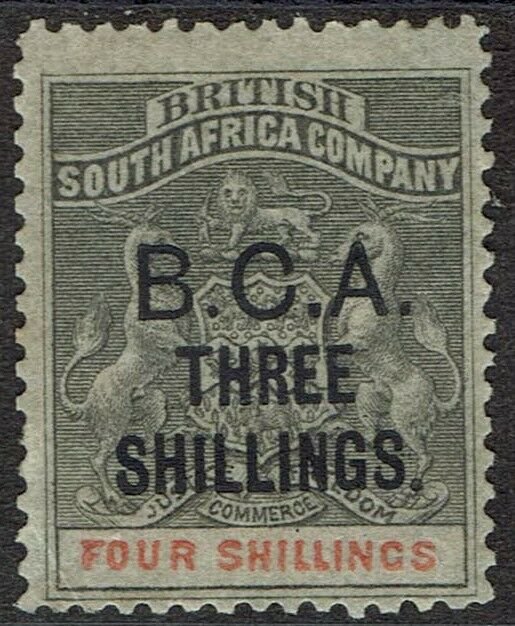 BRITISH CENTRAL AFRICA 1892 BCA THREE SHILLINGS ON ARMS 4/- 