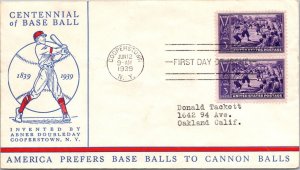 FDC 1939 SC #855 Linprint Cachet - Cooperstown, Ny - Pair - F77332