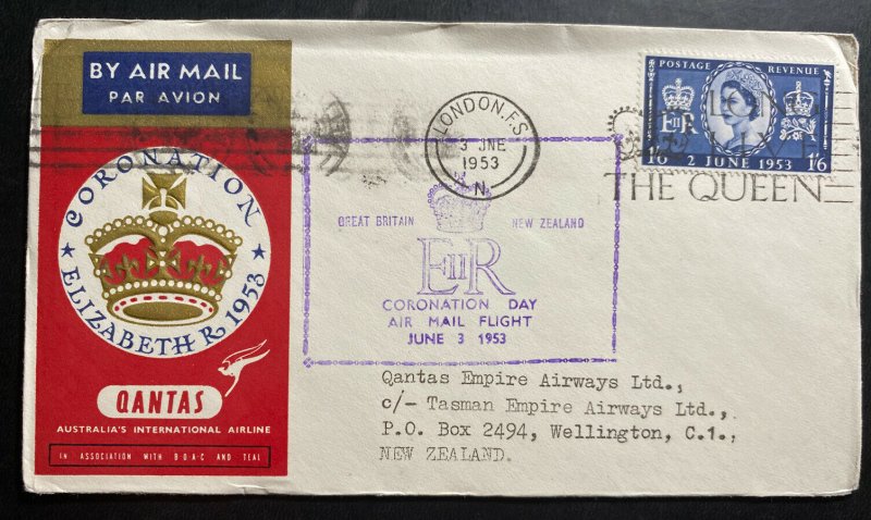 1953 London England Cover Queen Elizabeth 2 coronation Qantas FDC To New Zeaalnd 