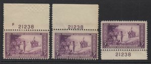 1934 Wisconsin Tercentenary 3c purple Sc 739 MNH matched plate number 21238 (A