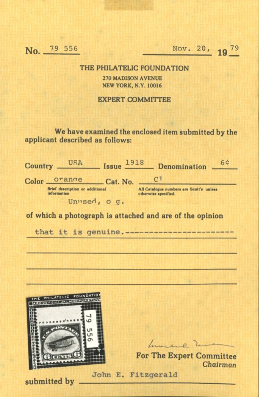 U.S. #C1 MINT WITH PF CERT OG NH