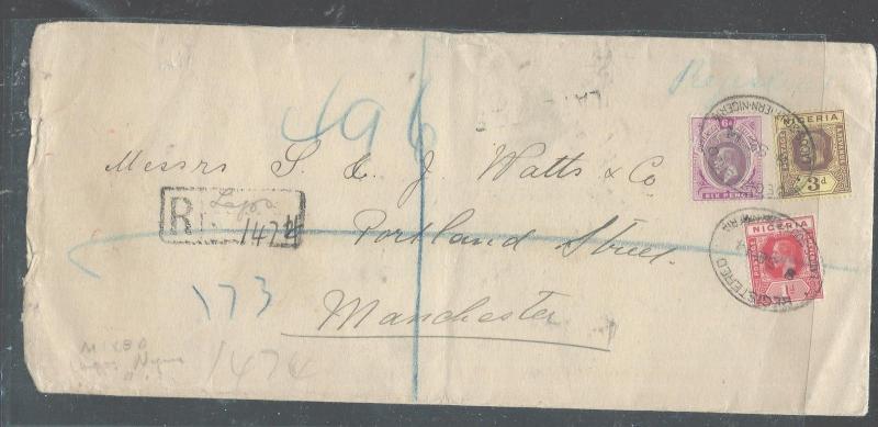 NIGERIA + SOUTHERN NIGERIA (P2307BB) MIX FRANKING 1914 REG COVER FROM LAGOS