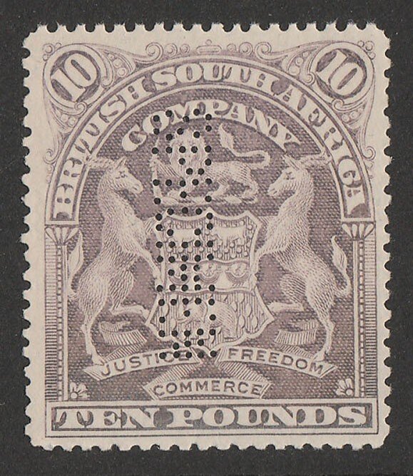 RHODESIA 1898 Arms £10 lilac, perf SPECIMEN. SG 93s normal cat £4000.