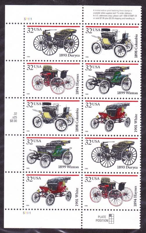 US 3023a MNH 1995 32¢ Antique Automobiles Plate Block of 10 Plate #S1111