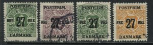 Denmark 1918 4 different stamps 8 ore and 29 ore overprinted 27 ore used