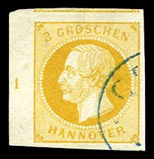 German States, Hannover #22 (Mi. 16a) Cat€75+, 1859 3g yellow, sheet margin...