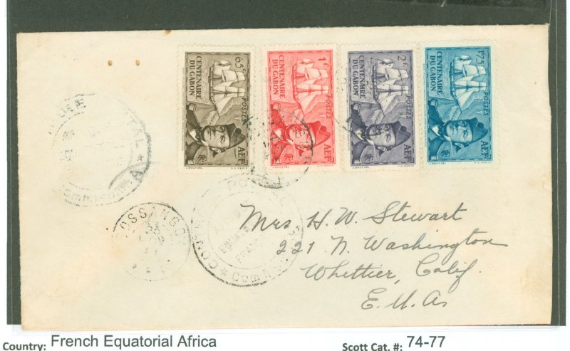 French Equatorial Africa 74-77 1938 Centenary of Gabon, complete set; cover posted Bossangua with receiving postmarks.  CV is Sc