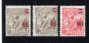 French Guiana 1925-27 65c, 85c & 90c Surcharges, Scott 102-104 MH, value = $5.00