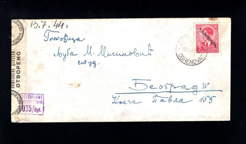 WWII Serbia Overprint German Occupation Censor Marks Obrenovac 1942 Cover 9a