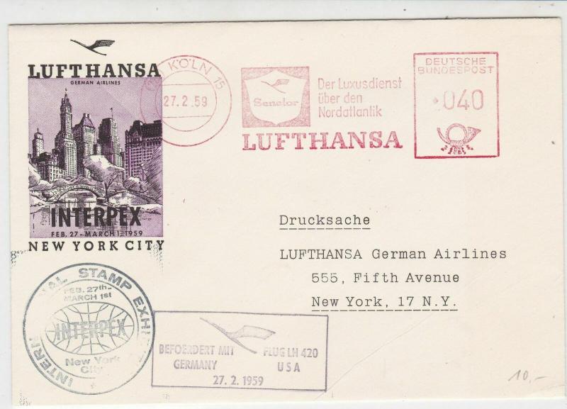 Germany 1959 Lufthansa Slogans Interpex Germany-USA Flight Stamps Cover Rf 25912