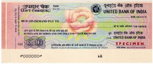 (I.B) India Revenue : United Bank of India Gift Cheque 101R (specimen)